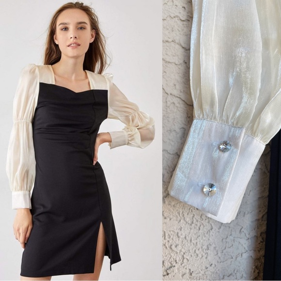 J.ING Black & White Shiny Iridescent Ivory Long Sleeve Ruched Dress Mini Dress M - Picture 17 of 17